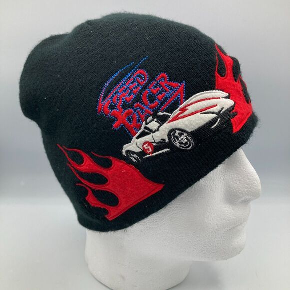 VINTAGE SPEED RACER BLACK KNIT BEANIE CAP HAT RACING FLAMES 5 - Picture 2 of 7